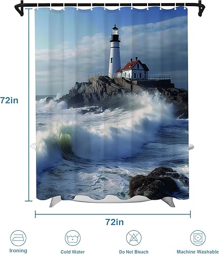 Miniatura 4 de OTRANTO Cortina de ducha con diseño de océano azul, faro, náutico, costero, escénico, naturaleza, rock, blanco, juego de decoración de baño, lavable