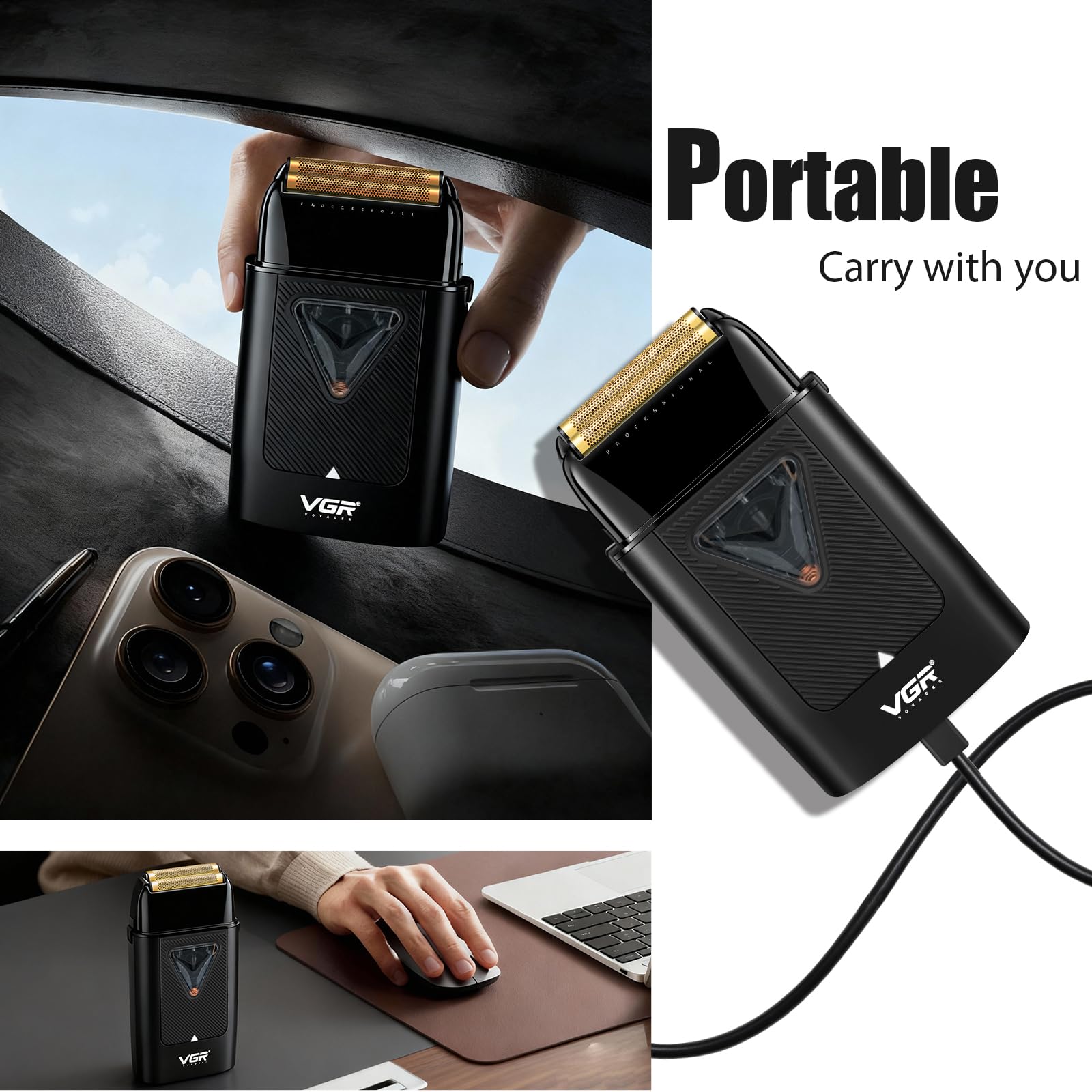 VGR 334 Rasoio Elettrico Barba Professionale Per Uomo Elettrico, Foil Shaver Barba Con Motore Vettoriale da 10000 Giri/Min, Shaver Capelli con Base di Ricarica Wireless, Luci a LED e Borsa da Viaggio