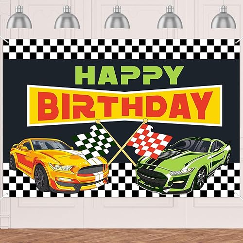 RaceCar - Cartel de feliz cumpleaños de carreras de autos de carreras, decoración temática deportiva, decoración para interiores y exteriores,