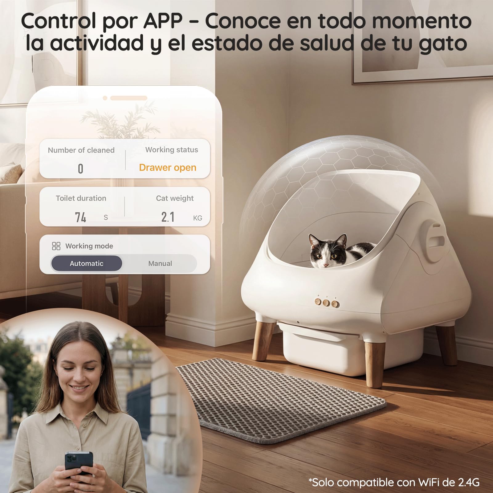 Devoko Arenero Autolimpiable XXL para Gatos hasta 15 kg con App | Control vía App, Autolimpieza 15 Días, Varios Gatos, Diseño Abierto, Tamaño XXL