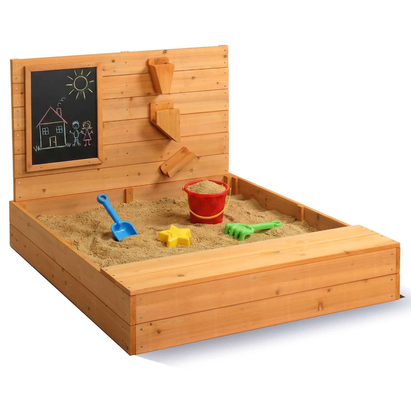 LEADZM Bac à Sable en Bois pour Enfants avec Banc, Tableau Noir et Entonnoir, 120 x 115 x 76.5 cm, Grand Bac à Sable Extérieur pour Jardin, Plage, Parc, Cadeau pour Garçons et Filles de 3 à 12 Ans