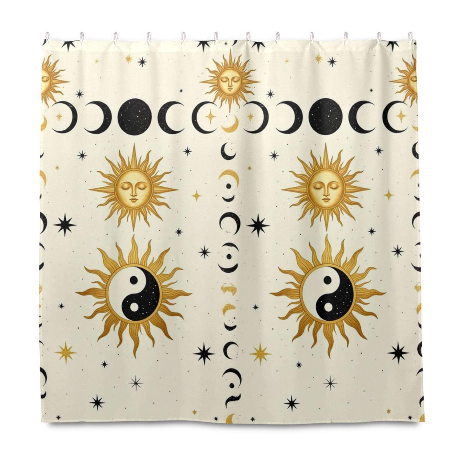 Rideau de douche polyester étanche avec motif lune soleil et crochets
