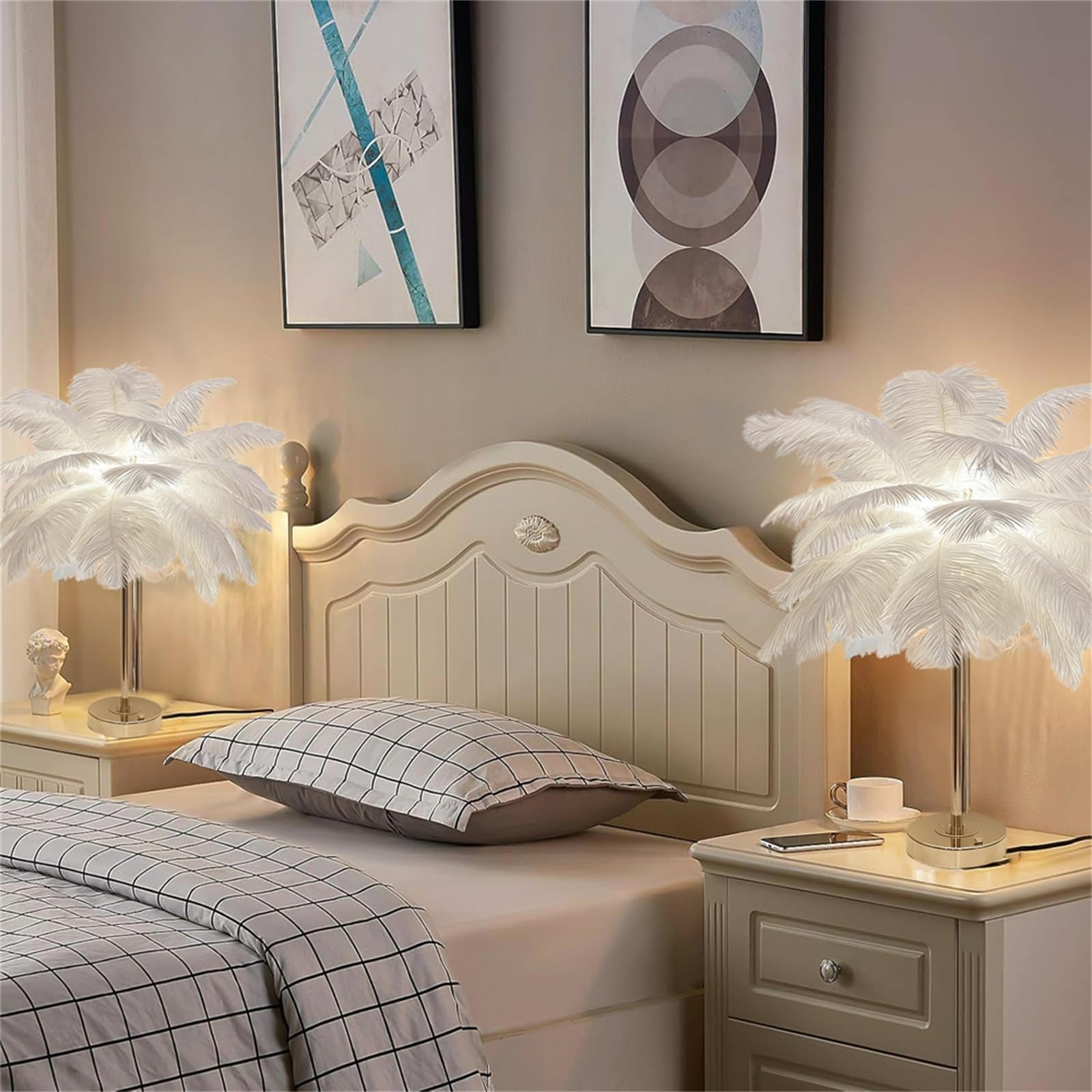 sports flyfree Feather Table Lamp, USB Powered LED Night Light with Ostrich Feather Shade, Gold Base Decorative Lamp for Bedroom, Living Room, Wedding (White-2 Pack)