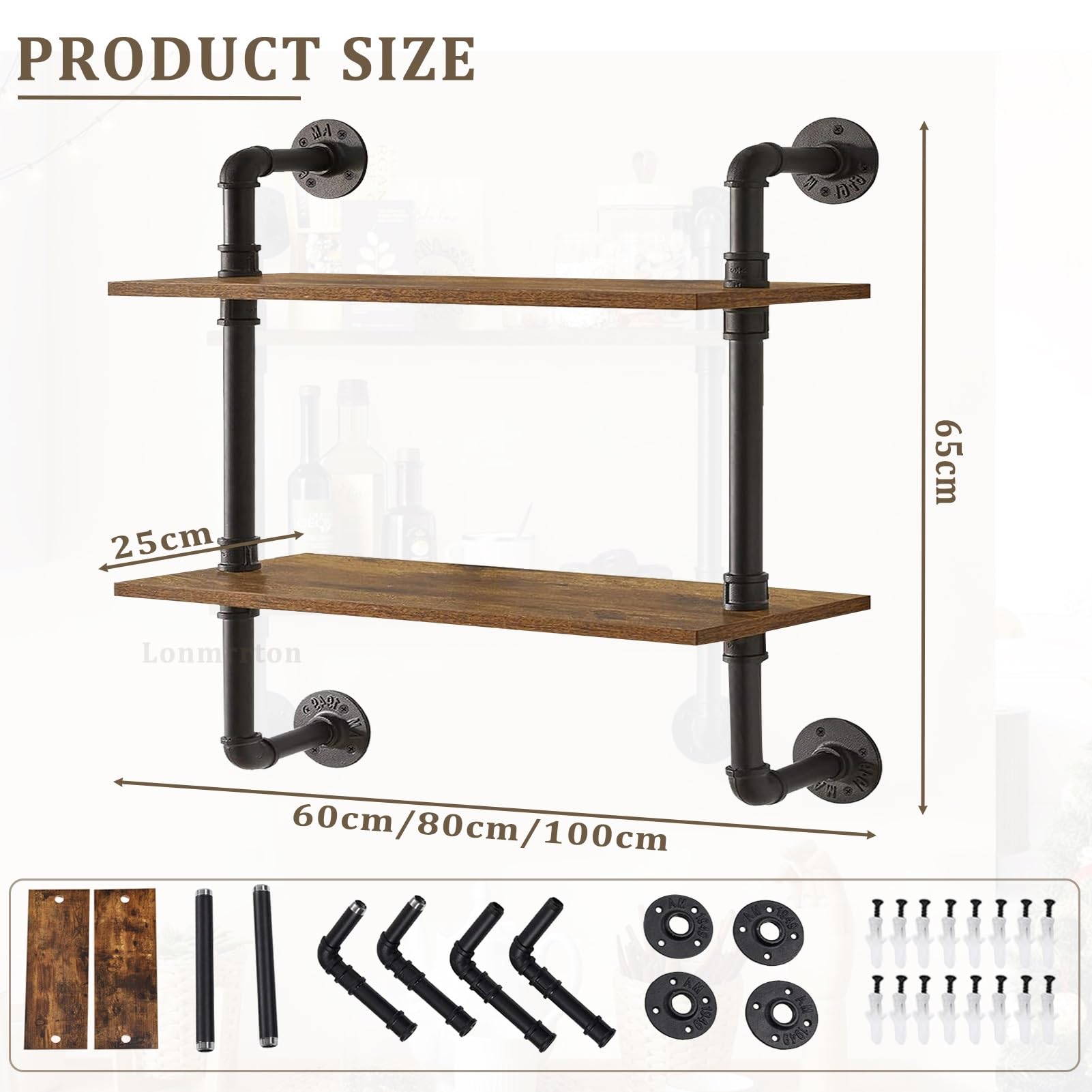 Industrielles Rohrregal, Badezimmer, Küche, schwebendes Lagerregal, Ausstellungsregal, Wandmontage, Regal für Wohnzimmer, Schlafzimmer, 2 Etagen, Holzregal, Schwarz (80 x 25 x 65 cm)