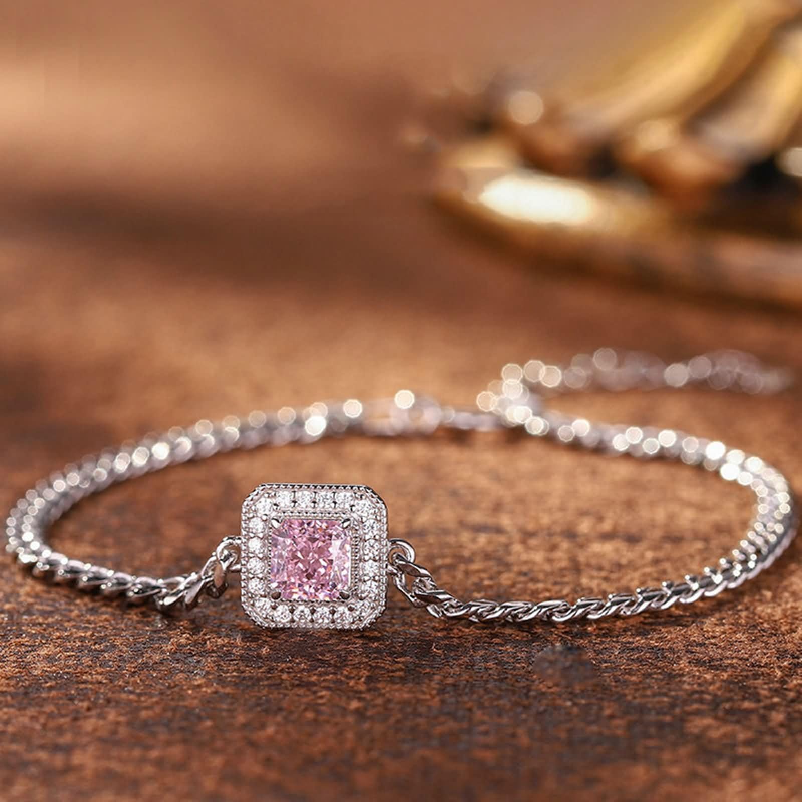 Pulseras de Mujer Oro Blanco 9K / 14K / 18K, Cuadrado con Diamante Creado de 0,5 ct y Moissanita, Cadena Extensible 16 CM + 5 CM, Pulsera de Ajustable Mujer Plata Rosa