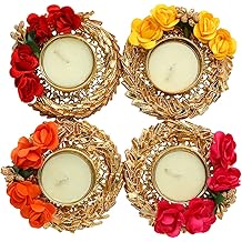Set of 4 Flower T Light Holder Candle Stand Tealight T-Light Holders for Indian Festival Christmas New year Decorations Lighting Accessories Wedding Home Decor(Without Wax)(Size:-3")(Colorful)