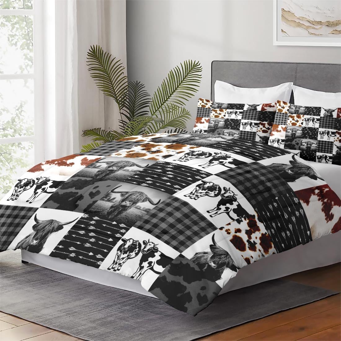 King Size Comforter Set with 2 Pillowcases, Highland Cow Print Animal 3 Pcs Bedding for Kids and Adults, Farm Black White Plaid Soft Comforter Set for Bedroom Bed Decor - Image 4