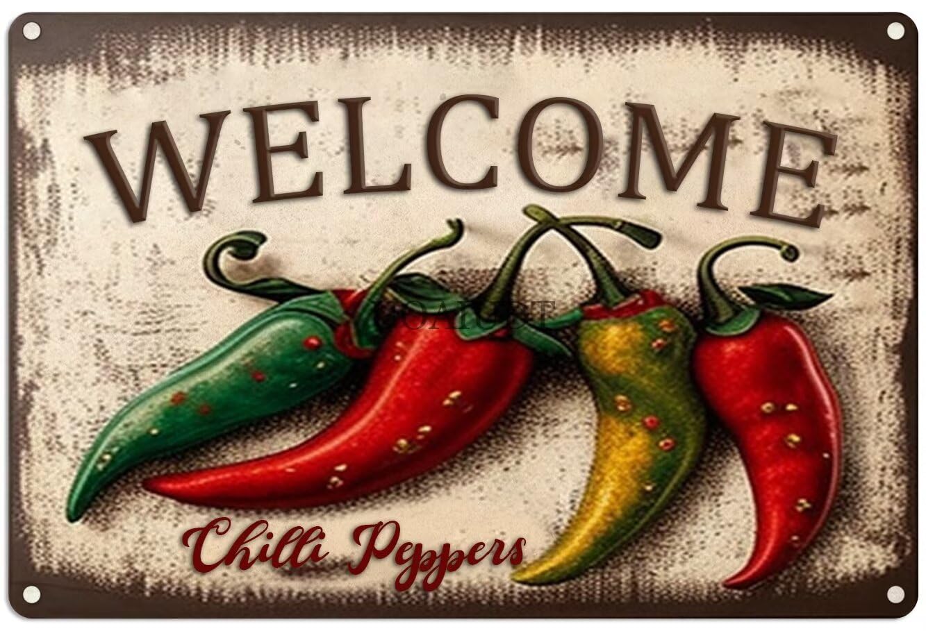 peiyeety Metal Tin Sign Vintage Chilli Pepper Welcome Art, Mixed Pepper Kitchen Wall Decor, Retro Farmhouse Metal Tin Sign for Porch, Patio, Kitchen, Dining Room,8x12 Inch