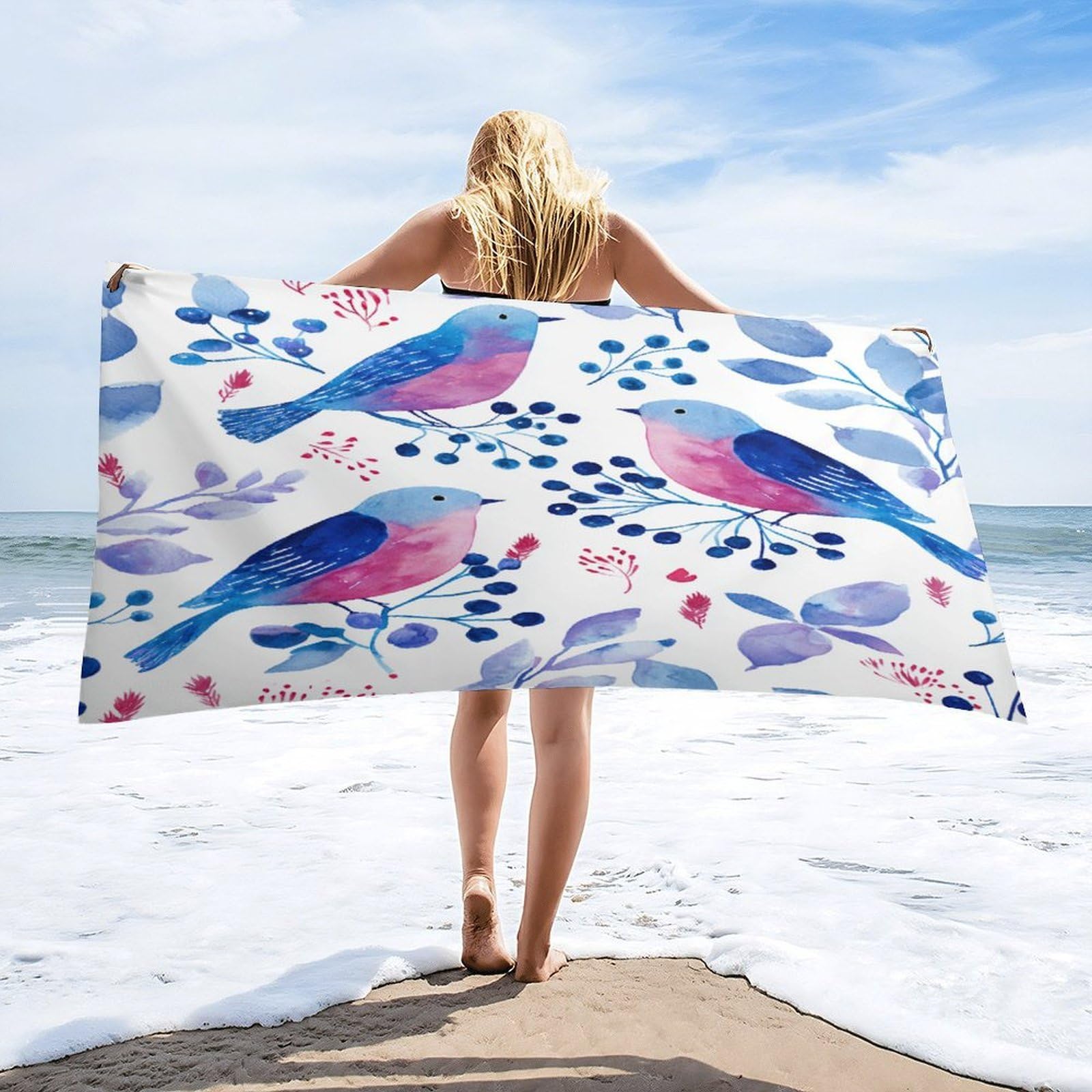 Luyysky Cute Realistic Blue Birds Quick-Drying Beach Towel, Rustic Oil Painting Japanese Botanical Fruit Blueberries Animals Bird Travel Vacation Single Sided Pile Bathroom Towels-80 W Cm X 160" L Cm
