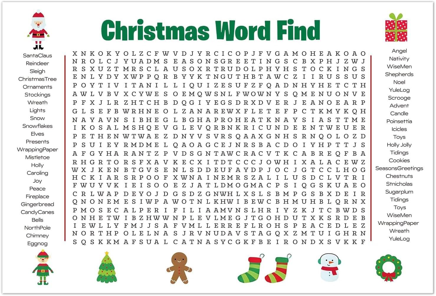 Jumbo Christmas Word Search Poster, Giant Holiday Word Search Wall Poster for Christmas Decor, 36"x24" Large Wall Game with 50 Words for Family Holiday Party Activity