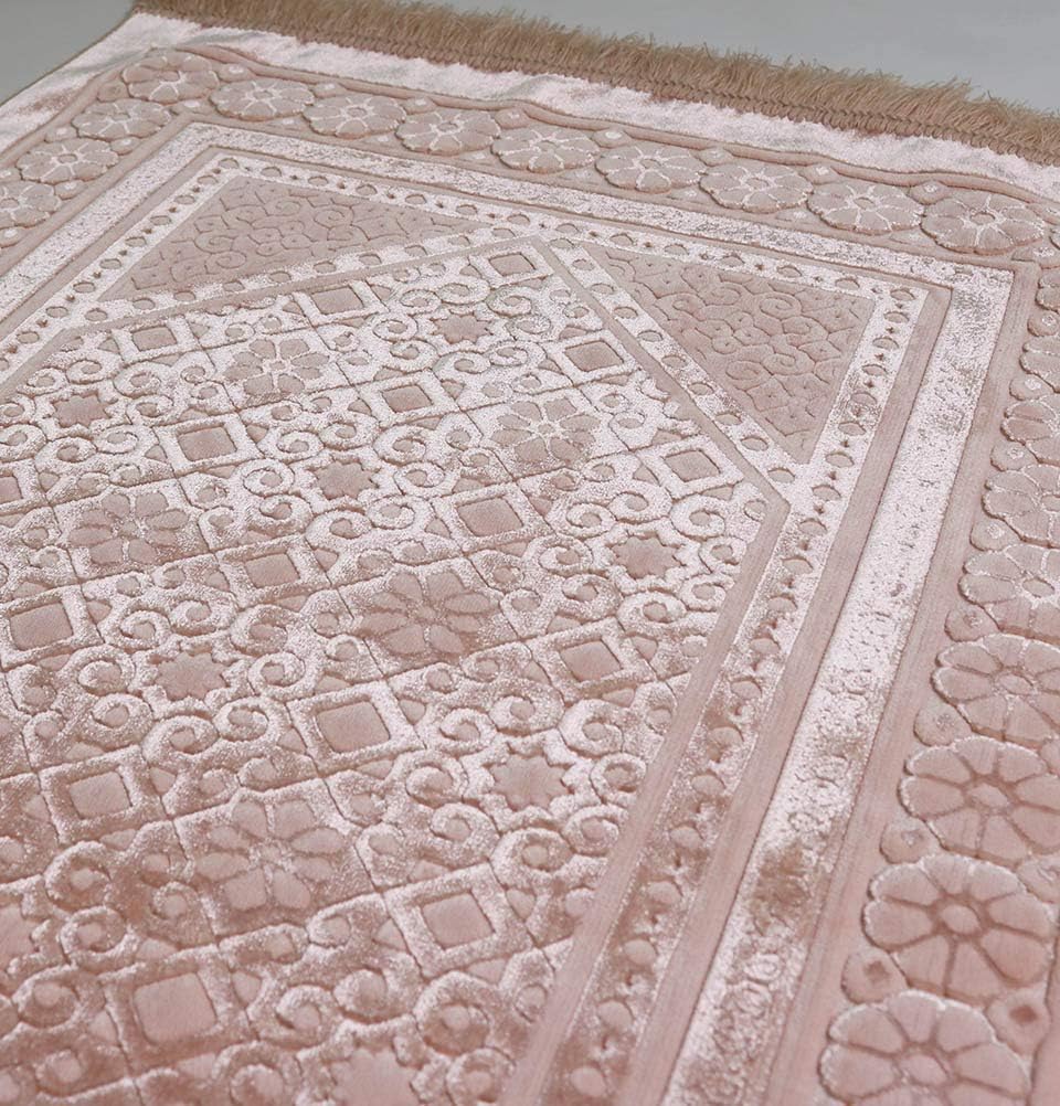 Modefa Velvet Prayer Rug with Prayer Beads Turkish Janamaz Sajadah Floral Stamp Luxury Plush (Light Pink)