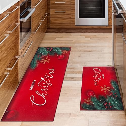 Miniatura 2 de Juego de 2 alfombras de cocina de Navidad, lavables, antideslizantes, para piso, 2 piezas, tapetes de cocina rojos, alfombras absorbentes para