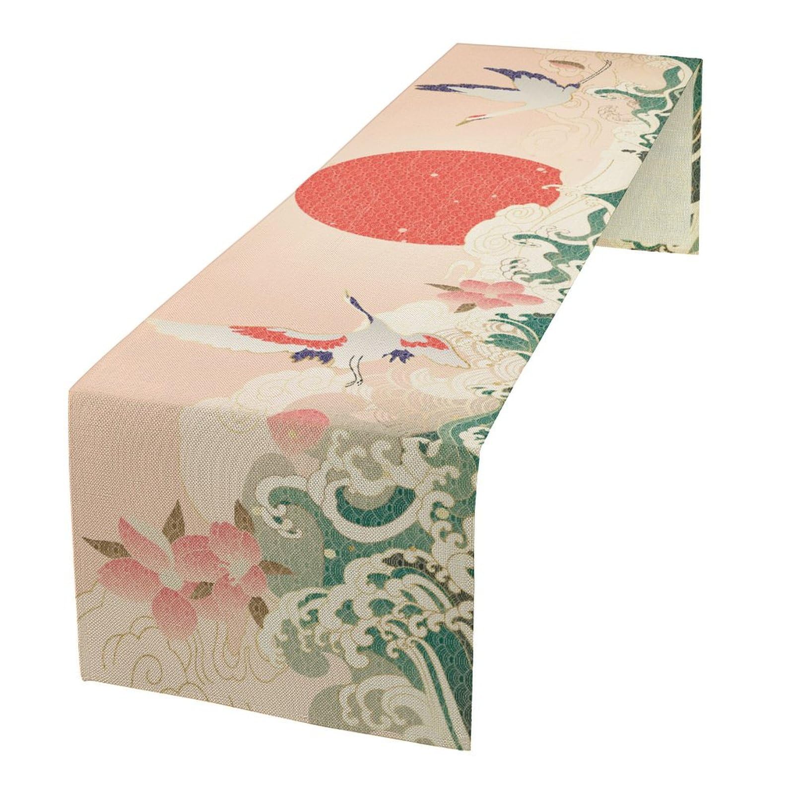 Japanese Gold Crane Table Runner, Luxury Oriental Wave Pattern Table Decor for Dining Room Wedding Party Kitchen, Asian Art Tablecloth 13x108 Inch