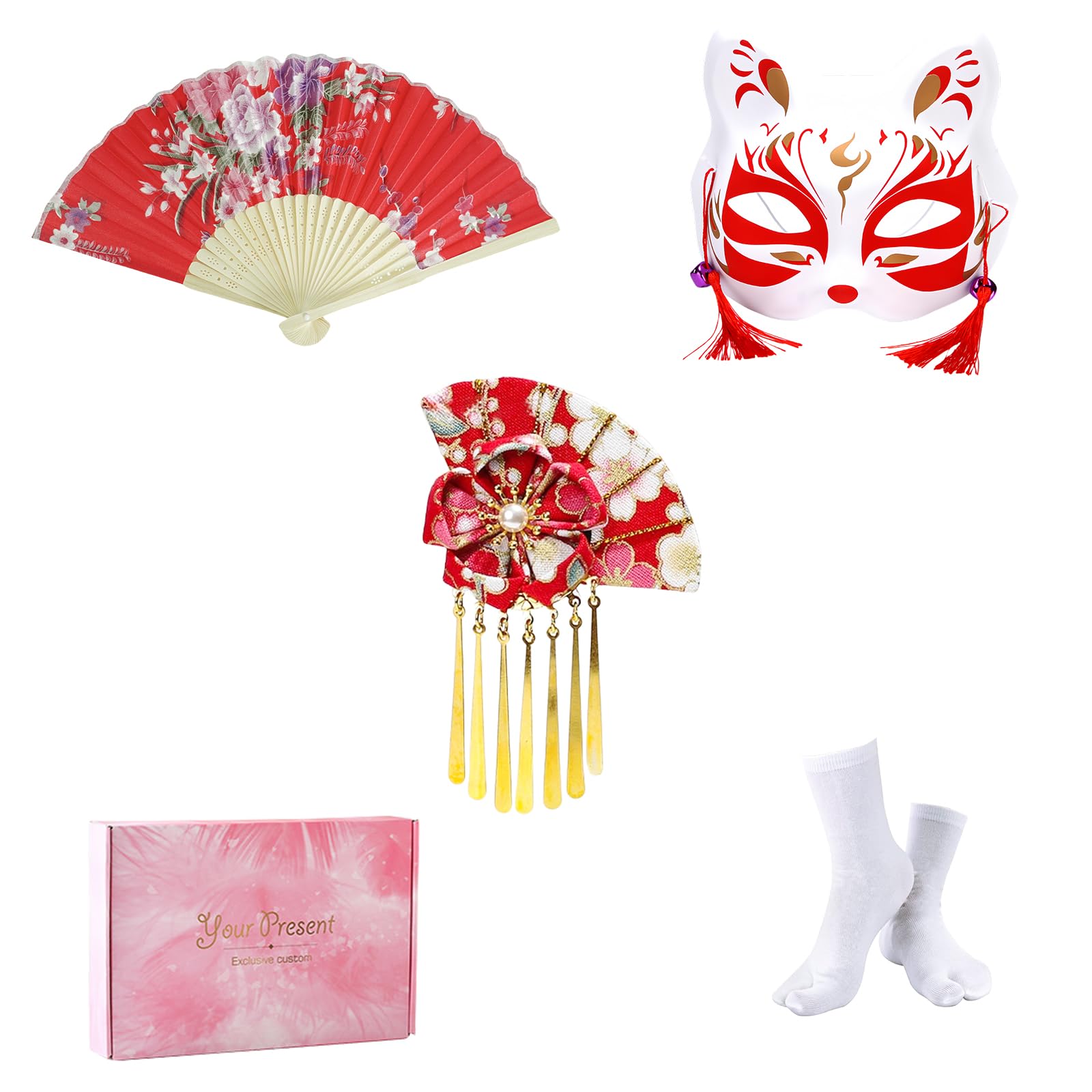 5 Piezas Kimono Set Tradicional Japonés para Mujer, Kimono Largo con Estampado de Pavo y Cinturón para Fotografía y Cosplay