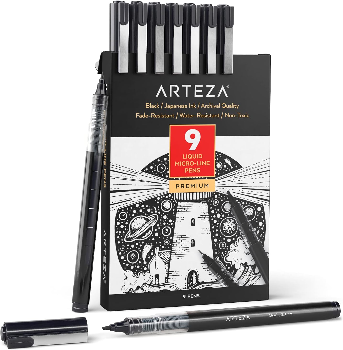 ARTEZA Micro-Line Ink Pens, Set of 9, Black Fineliners with Japanese Archival Ink, Art Supplies for Comic Artists and Illustrators