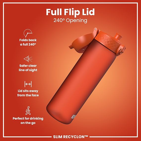 Ion8 Water Bottle, 500 ml/18 oz, Leak Proof, Easy to Open, Secure Lock, Dishwasher Safe, BPA Free, Hygienic Flip Cover, Carry Handle, Fits Cup Holders, Easy Clean, Carbon Neutral, Hearty Orange