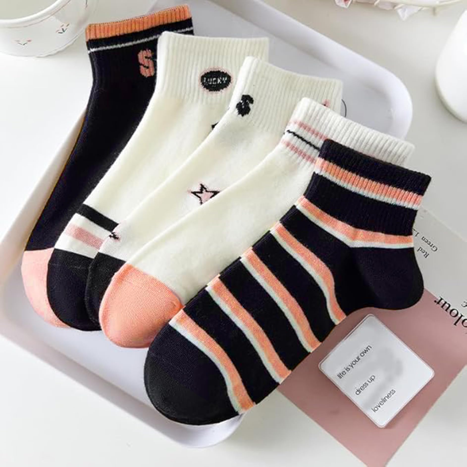 SWEET CABOODLES Women's Ankle Socks for Casual & Sports Multicolor Odour Free Fancy Multi design Socks Pack (IN, Alpha, Free Size, Black Pinkish-Peach) - Image 2 thumbnail