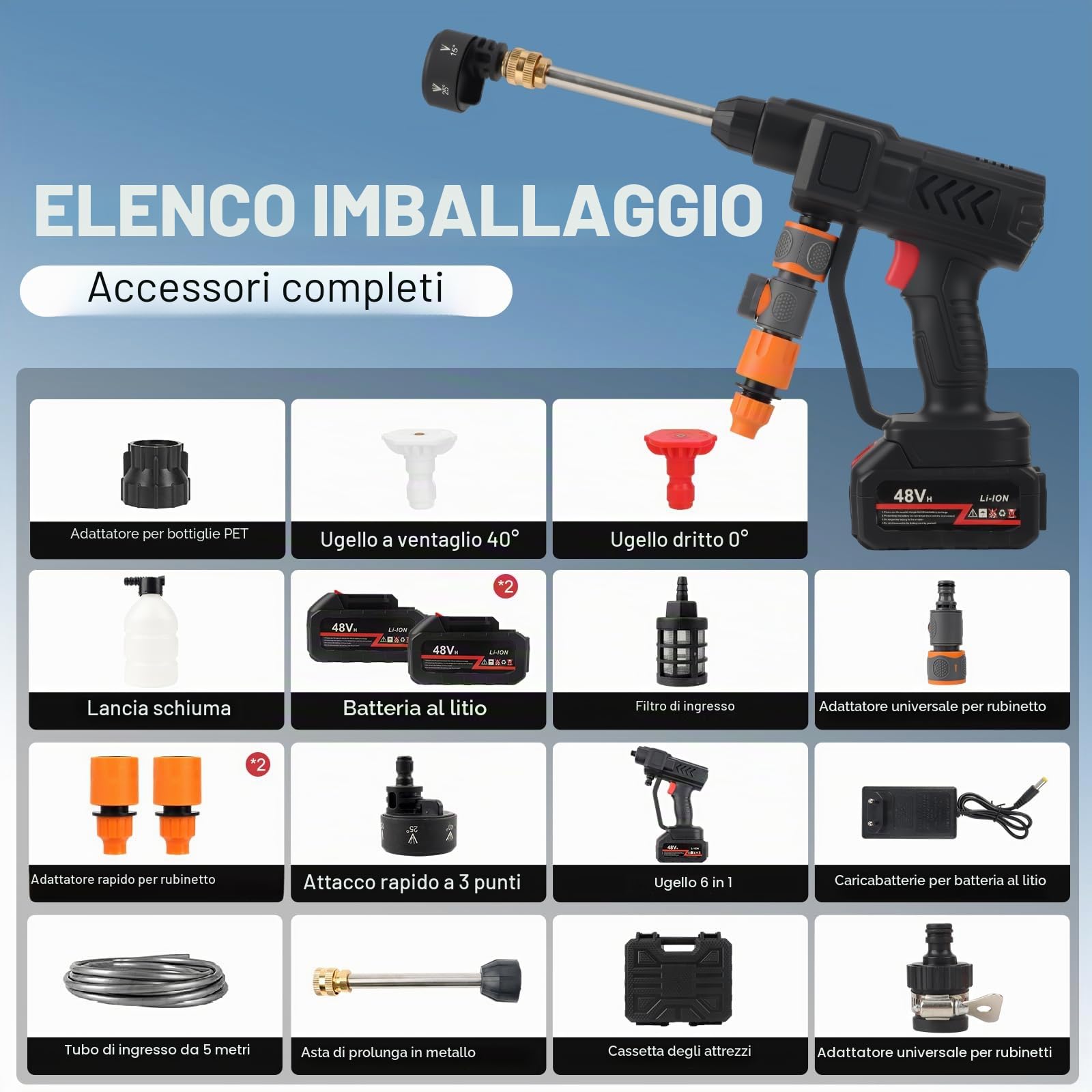 Idropulitrice portatile ad alta pressione, potenza 140 W con ugello 6 in 1, tubo ad alta pressione da 5 m, adattatore universale per rubinetto e bottiglia per auto, bicicletta, terrazza