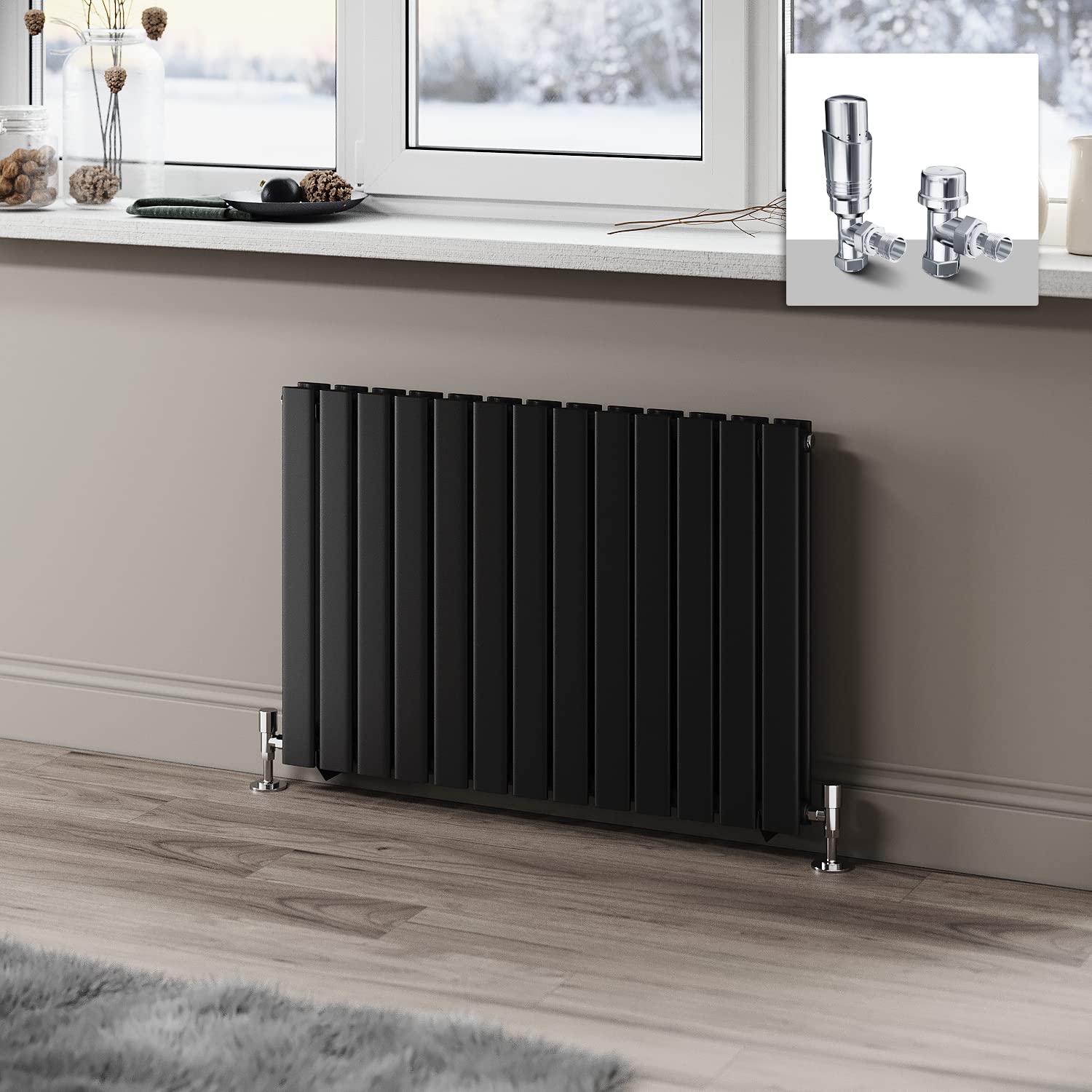 ELEGANT 600 x 884mm Radiator Black Horizontal Radiator Flat Panel Designer Radiator Double Panel Central Heating Radiator with Chrome Thermostatic Valves