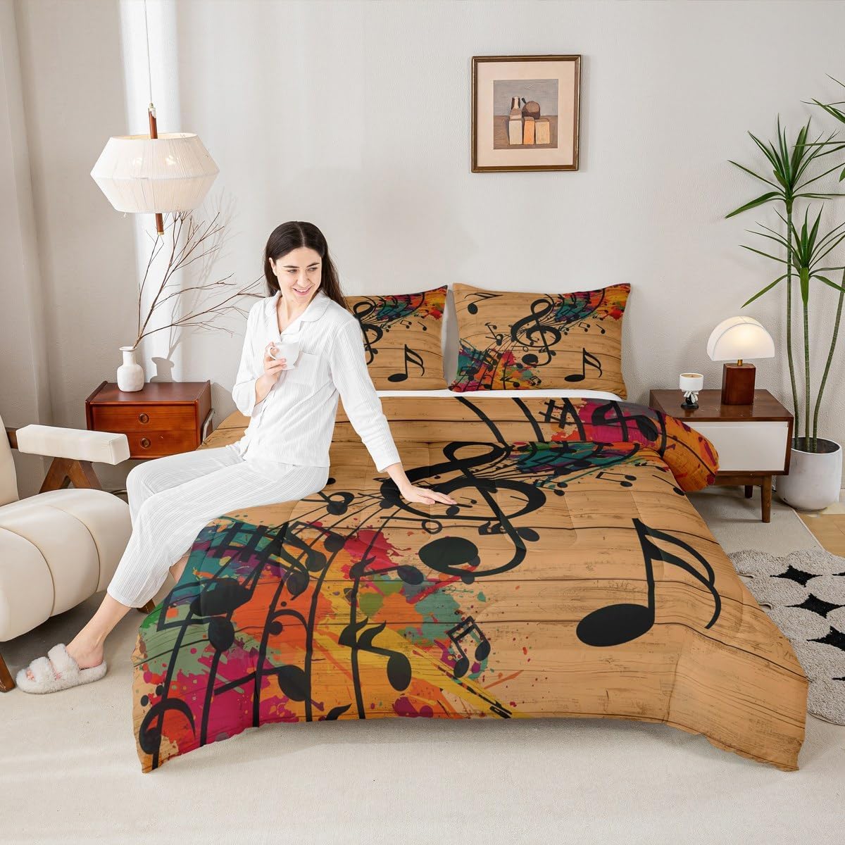 Erosebridal Music Notes Comforter Set King Size for Kids Teens Adults,Graffiti Music Art Bedding Set,Vintage Retro Comforter for All Season,Wooden Plank Quilt Set