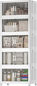 Storage Bins with Lid and Wheels, 5 Tier 200 QT Foldable Storage Cabinet with Magnetic Doors, Stackable Storages Bins, Organizers and Collapsible Plastic Containers for Home, Office