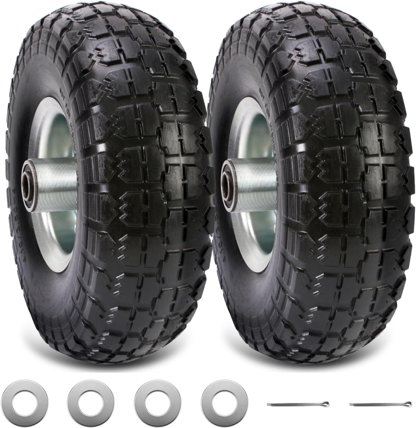 RRQ 10 Inch Solid PU Tire and Wheel, Flat Free 4.10/3.50-4" Tire, 2 Pack