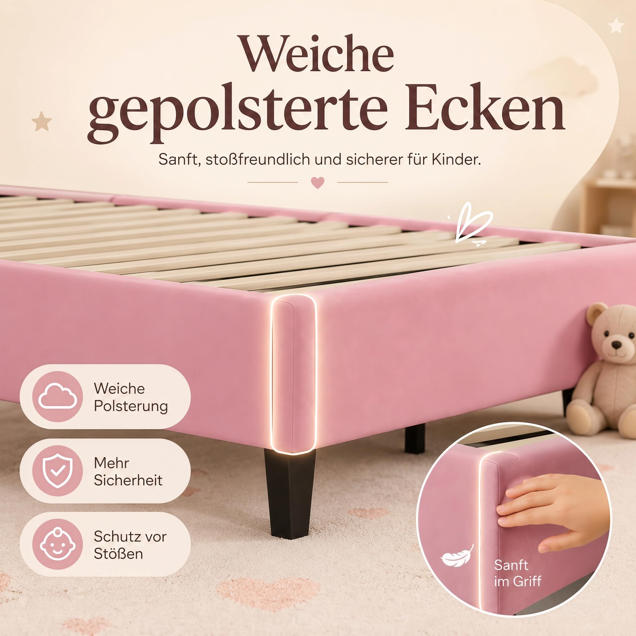Polsterbett 90x200 für Kinder mit LED-Beleuchtung, Kinderbett Bettgestell für Mädchen mit Wolken-Kopfteil, höhenverstellbares Kopfteil, Prinzessin Bett Rosa mit Lattenrost, Samt (Rosa, 90×200cm)