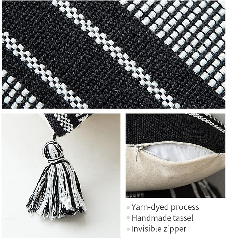 Fennco Styles Diamond Woven Cotton Decorative Lumbar Throw Pillow Cover & Insert with Tassel 12" W x 20" L - Black Rectangular Cushion for Home, Couch, Bedroom, Living Room and Office Décor