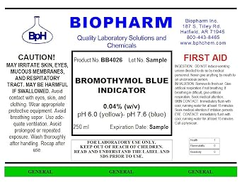 Biopharm Bromothymol Blue Indicator Solution 0.04% (w/v), 250mL (8.4 fl oz) | Includes Labeled 2-oz Dropper Bottle For Easy Use. Convenient Dispensing Cap Included. pH Range 6.0 (Yellow) - pH 7.6 (Blue)