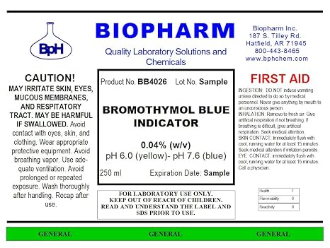 Biopharm Bromothymol Blue Indicator Solution 0.04% (w/v), 250mL (8.4 fl oz) | Includes Labeled 2-oz Dropper Bottle For Easy Use. Convenient Dispensing Cap Included. pH Range 6.0 (Yellow) - pH 7.6 (Blue)