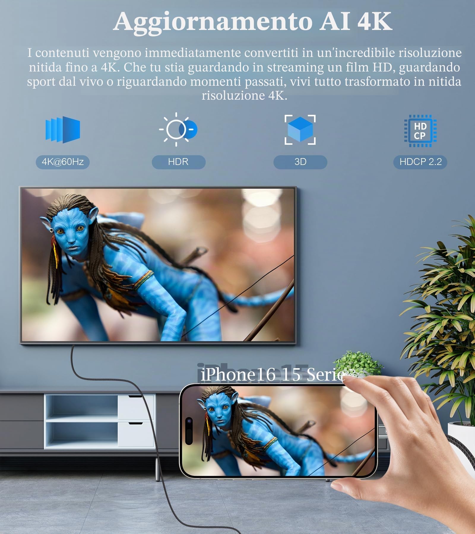 sweguard Cavo USB C a HDMI 2M (4K@60Hz),Cavo USB Tipo C a HDMI 4K UHD Thunderbolt 3/4 compatibile con i Phone 16 15 Pro Max, MacBookPro/Air, iMac, iPad, Galaxy S24 S23 a S8, Surface, Dell, HP