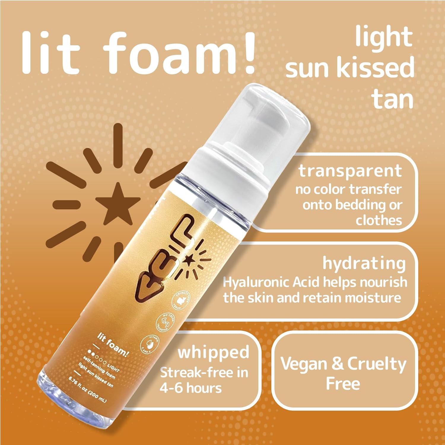 L-UV lit foam! Light sun kissed tan. Transparent and no color transfer foam with Vitamin C and E. Perfect for a natural and flawless looking tan.