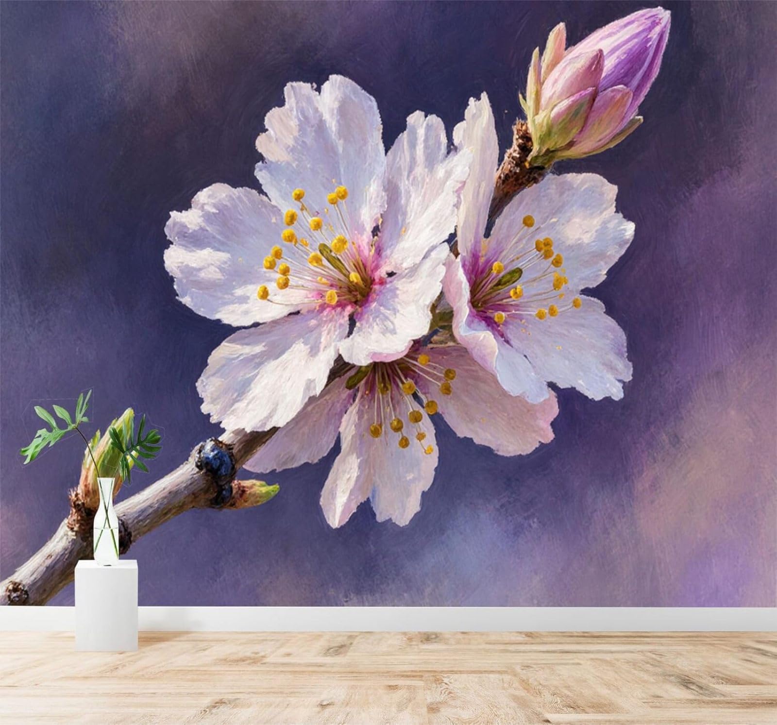 Tzxztt Blooming Cherry Blossoms Purple Art Painting Style Modern 3D Wallpaper Premium Textured Silk Neutral Tones Material Ideal for Living Room Bedroom-200cm×140cm