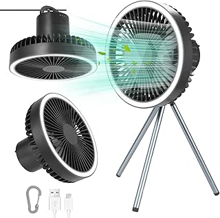 Desk Fan with Tripod, 10000mAh USB Rechargeable Battery Fan, Portable Camping Fan with LED Light, Timer, 3 Speeds Wind Speeds, 360° Rotation Silent Table Fan for Outdoor Camping Tent Desktop Bedroom