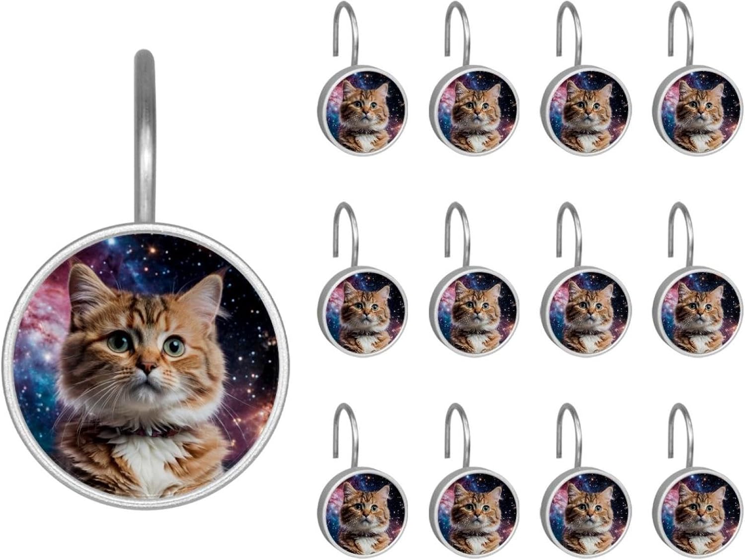 Set of 12 Kawaii Cute Cat in Space (1) Shower Curtain Hooks, Stainless Steel Rust-Resistant Decorative Hanger Rings
