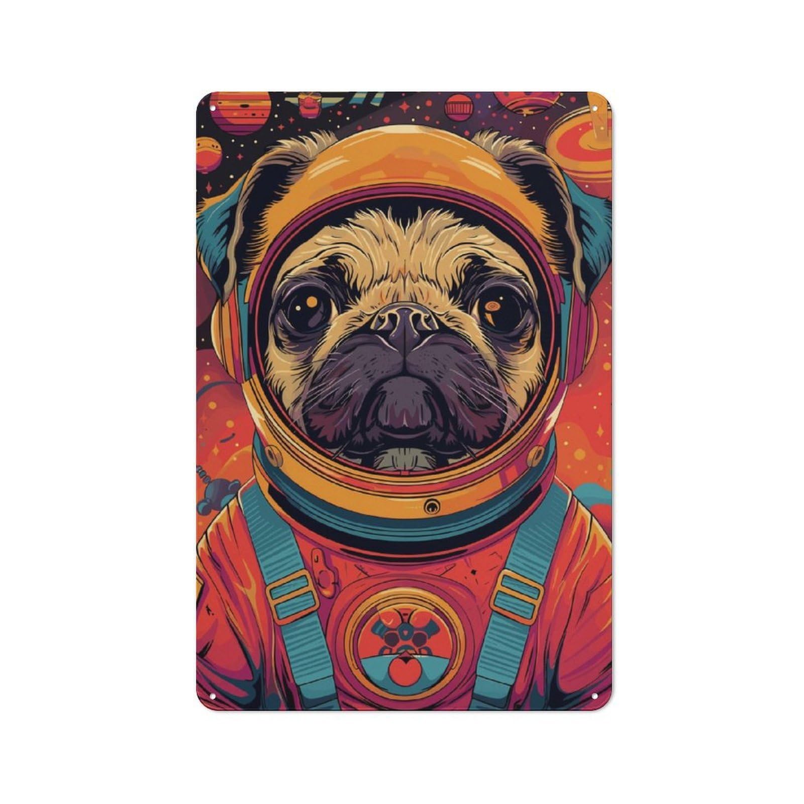Nostalgic Decorative Tin Plaque 30x20cm Featuring Astronaut Space Pug Animal, Classic Pub Decor for Cafe, Pub, Workshop Or Home Bar