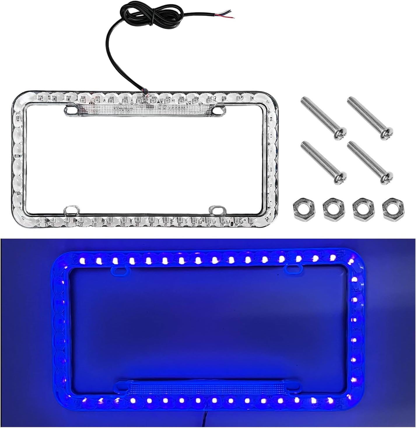 12V 48 LED Color Light License Plate Frame, Acrylic Plastic Licence Plate Cover with Bright LED Lights, Waterproof Car Tag Decor Front and Rear License Frame with Screws (Blue)