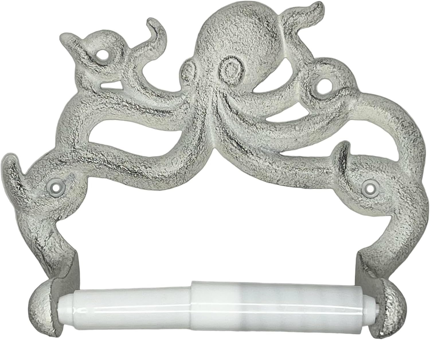 Octopus Toilet Paper Roll Holder – Cast Iron Decorative Wall Mount – Distressed Nautical Finish with Mounting Hardware (White Mist)