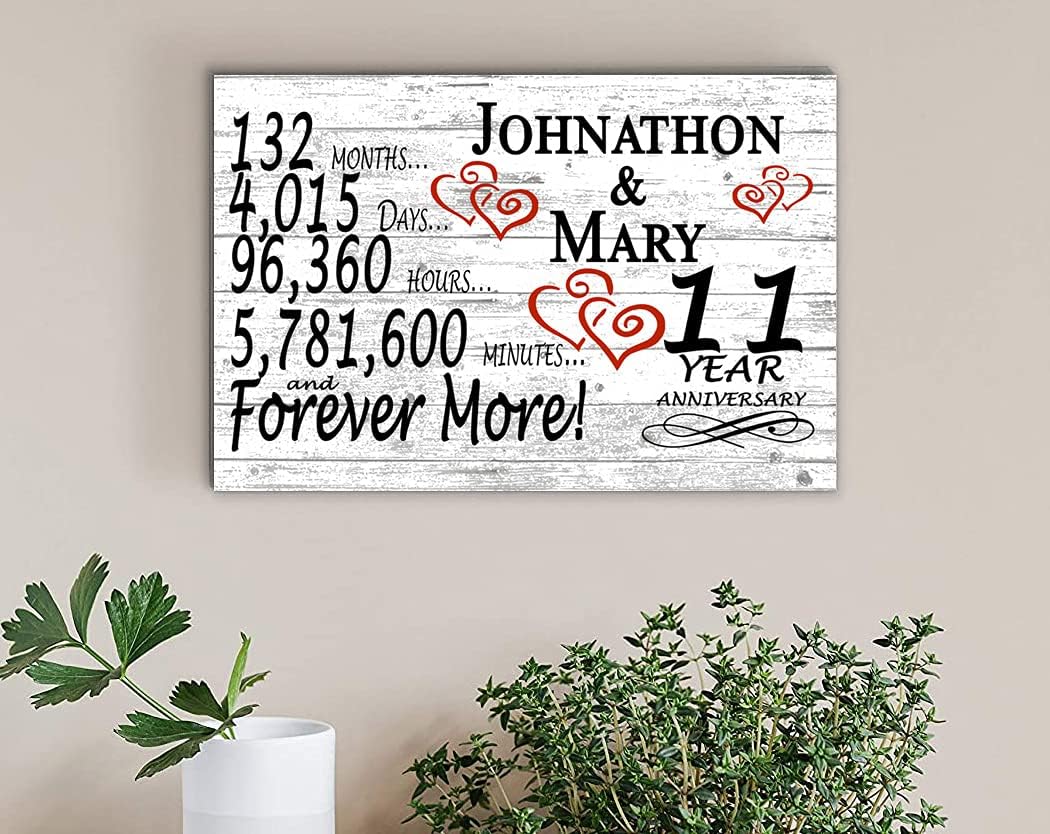 Personalized 11 Year Anniversary Sign Gift 11th Wedding Anniversary Present For Couple Days Minutes Years - Solid Wood - 16.5in x 10.5in x .75in (11 Year)