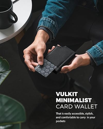 Miniatura 4 de VULKIT Tarjetero desplegable plegable con compartimento para dinero, estuche para tarjetas de visita minimalista con bolsillo frontal, Negro -