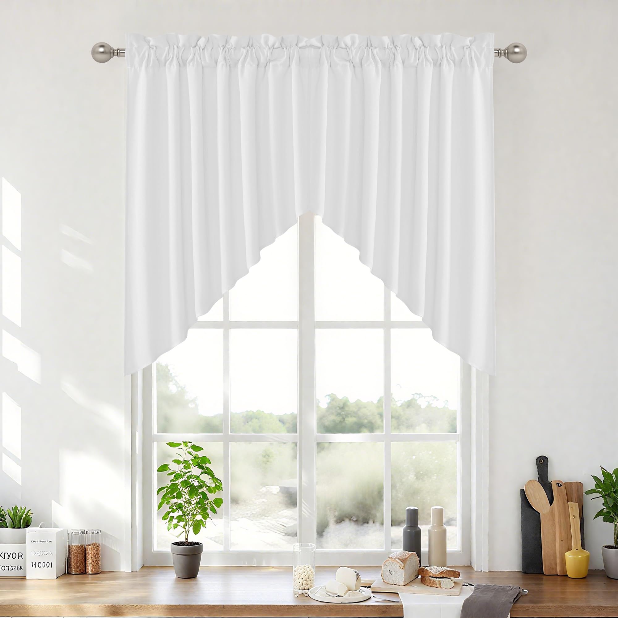 RYB HOME 2 Panels Valance for Windows Thick Faux Linen Blended Light Filtering Privacy Protect Short Swag Topper for Kitchen Bathroom Cabinet, Rod Pocket, White, W 36 x L 36 inch