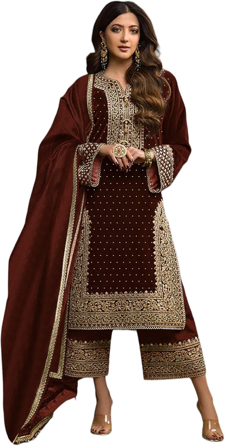 Indian/Pakistani Stitched Suit for Women Eid Ramzan Wear Plazzo Style Velvet Salwar Kameez Dress for Women