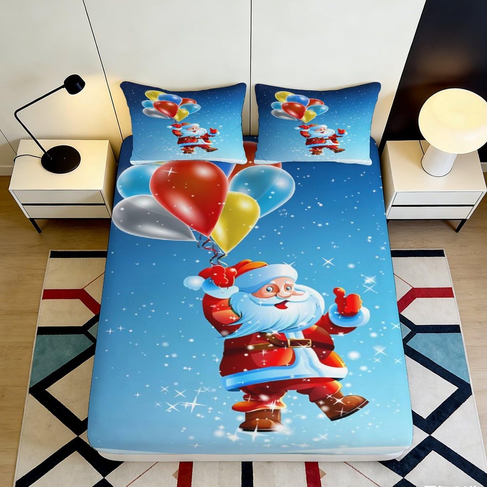 3D Printed Santa Claus Fitted Sheet Microfiber Soft Christmas Balloon Mattress Cover for Bedroom Dorm Decor 90x200x25cm
