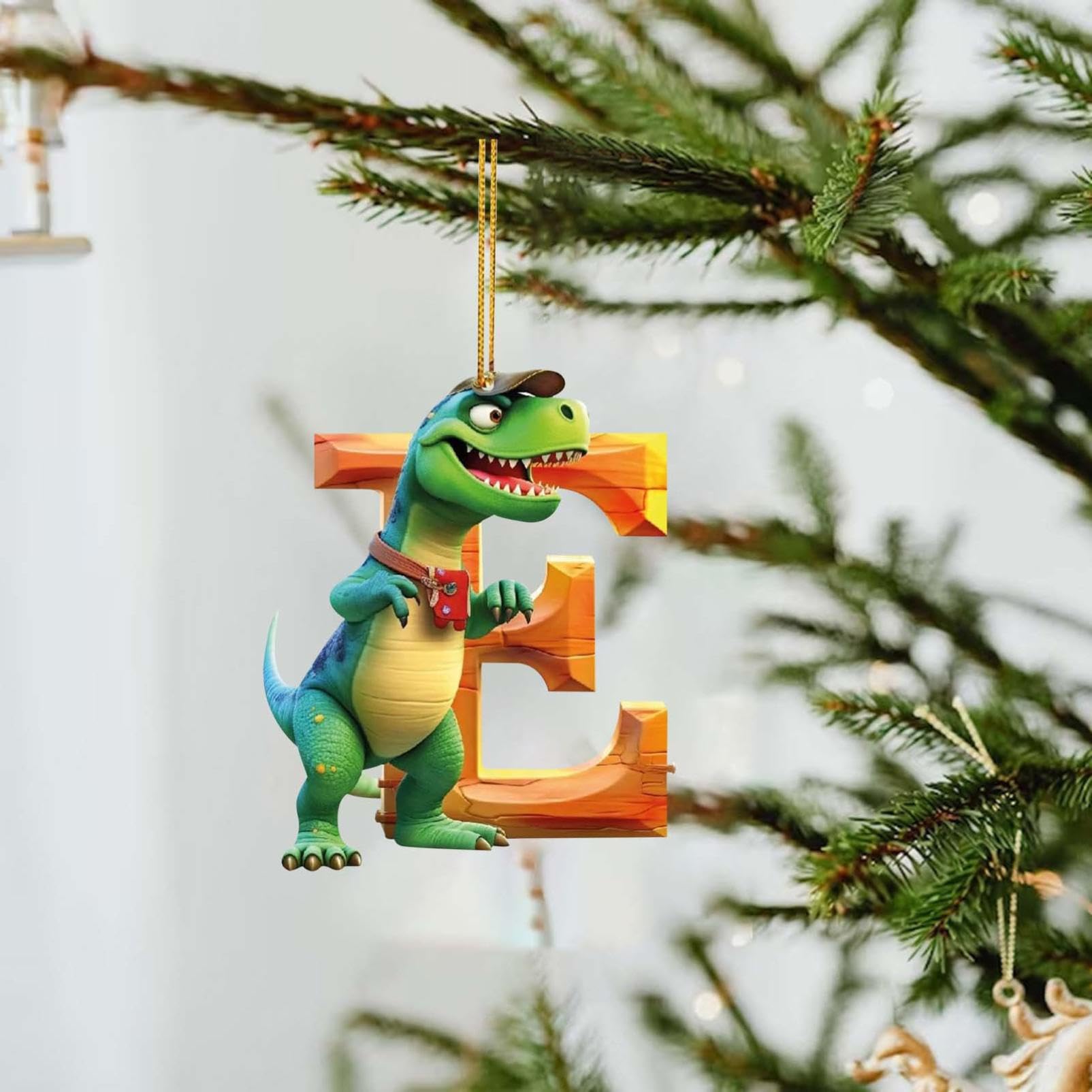 Christmas Dinosaur Ornaments 26 Letter Cartoon Pendant for Christmas Tree 2023, Acrylic Dinosaur Figures Hanging Ornaments For Christmas Tree Decoration, Dinosaur Christmas Ornaments for Baby kids (E)