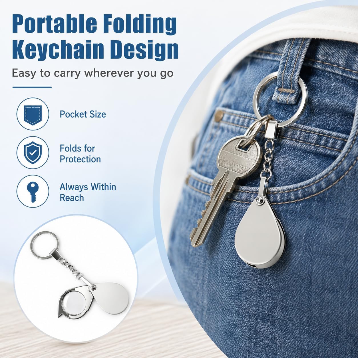 20X Mini Pocket Magnifying Glass with Keychain, Folding Pocket Jeweler's Loupe for Coin & Stamp Collection, Reading, Jewelry Appraisal and Outdoor Hobbies