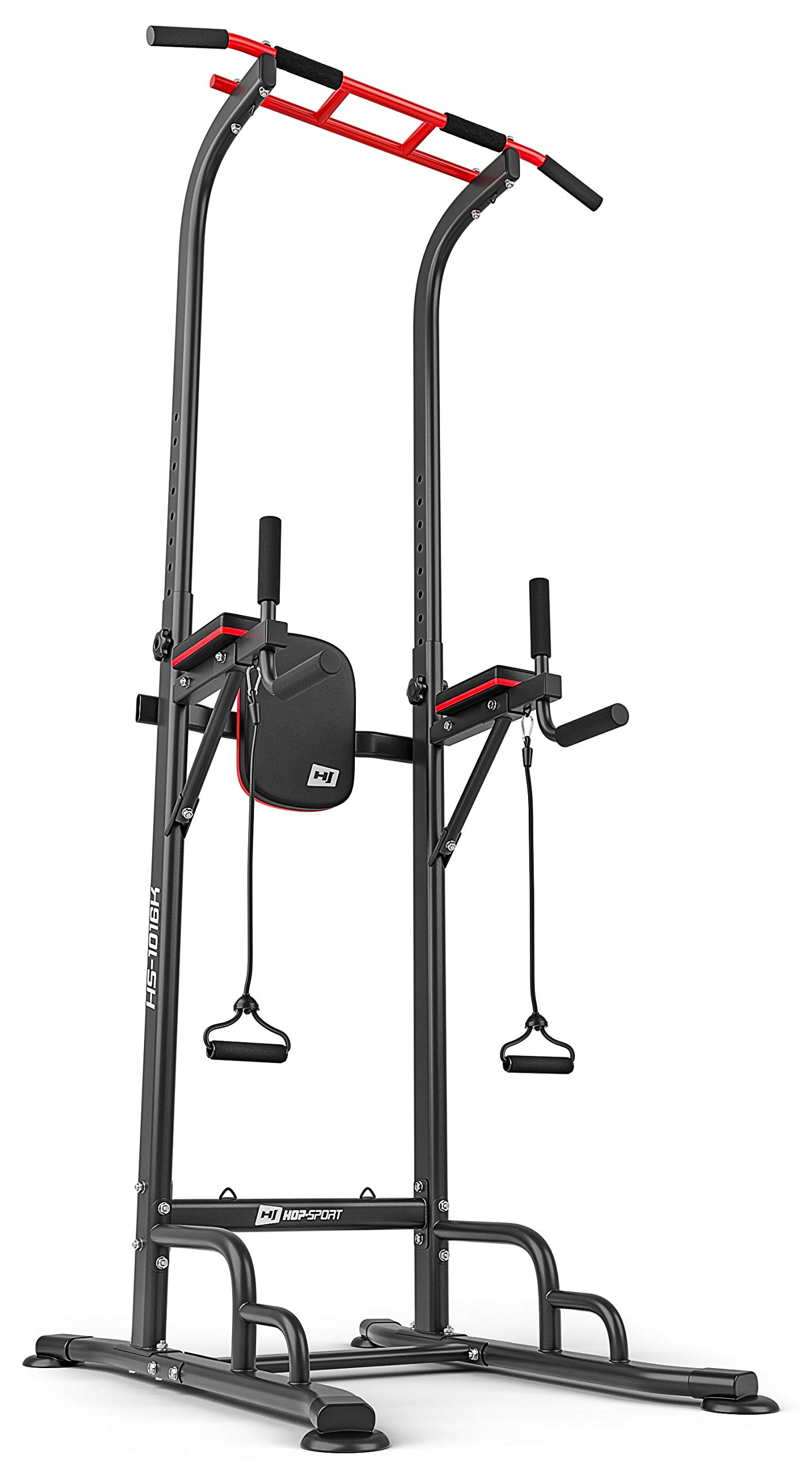 HOP-SPORT® Power Tower HS-1016K avec station de dips, tour de musculation multifonction complet avec barre de traction réglable, Chaise Romaine avec poignées antidérapantes 2 extenseurs, max. 150 kg
