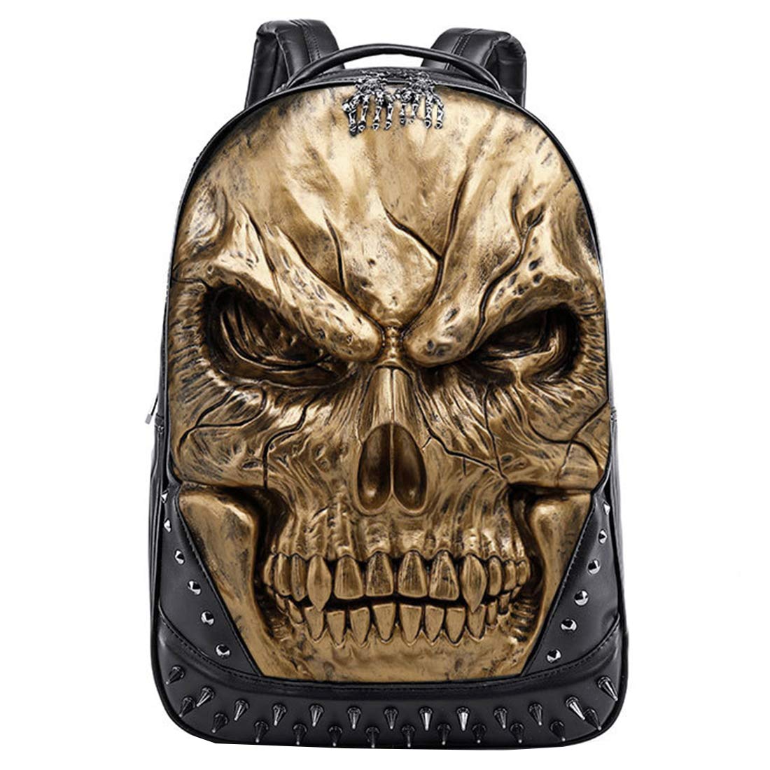 Berchirly 3D PU Leather Skull Backpacks Bookbag Men Casual Travel Bag Daypack Rucksack Satchel Gold