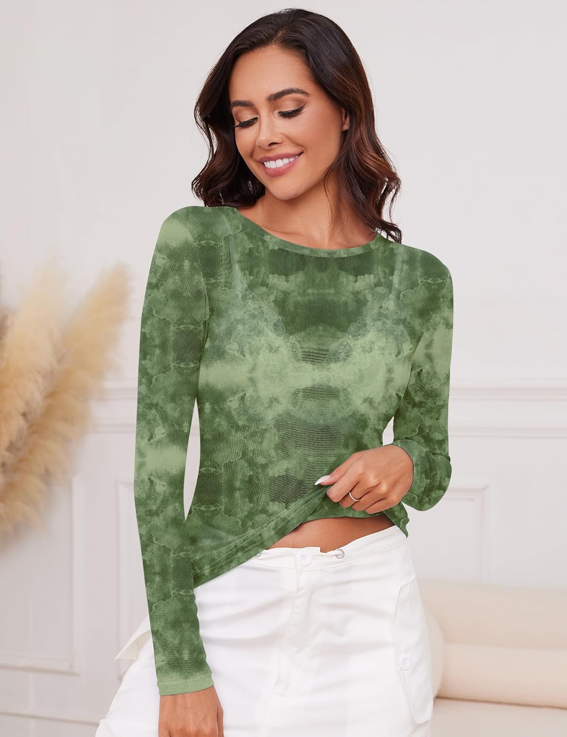 AKEWEI Womens Mesh Long Sleeve Tops Crew Neck Sexy See Through Tee Shirts Party Club Night Lace Blouse - Image 3