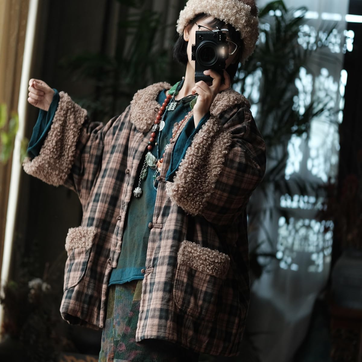 NFYM Women's Vintage Printed Quilted Jacket with Sherpa Fleece Collar and Cuffs, Oversized Winter Coat