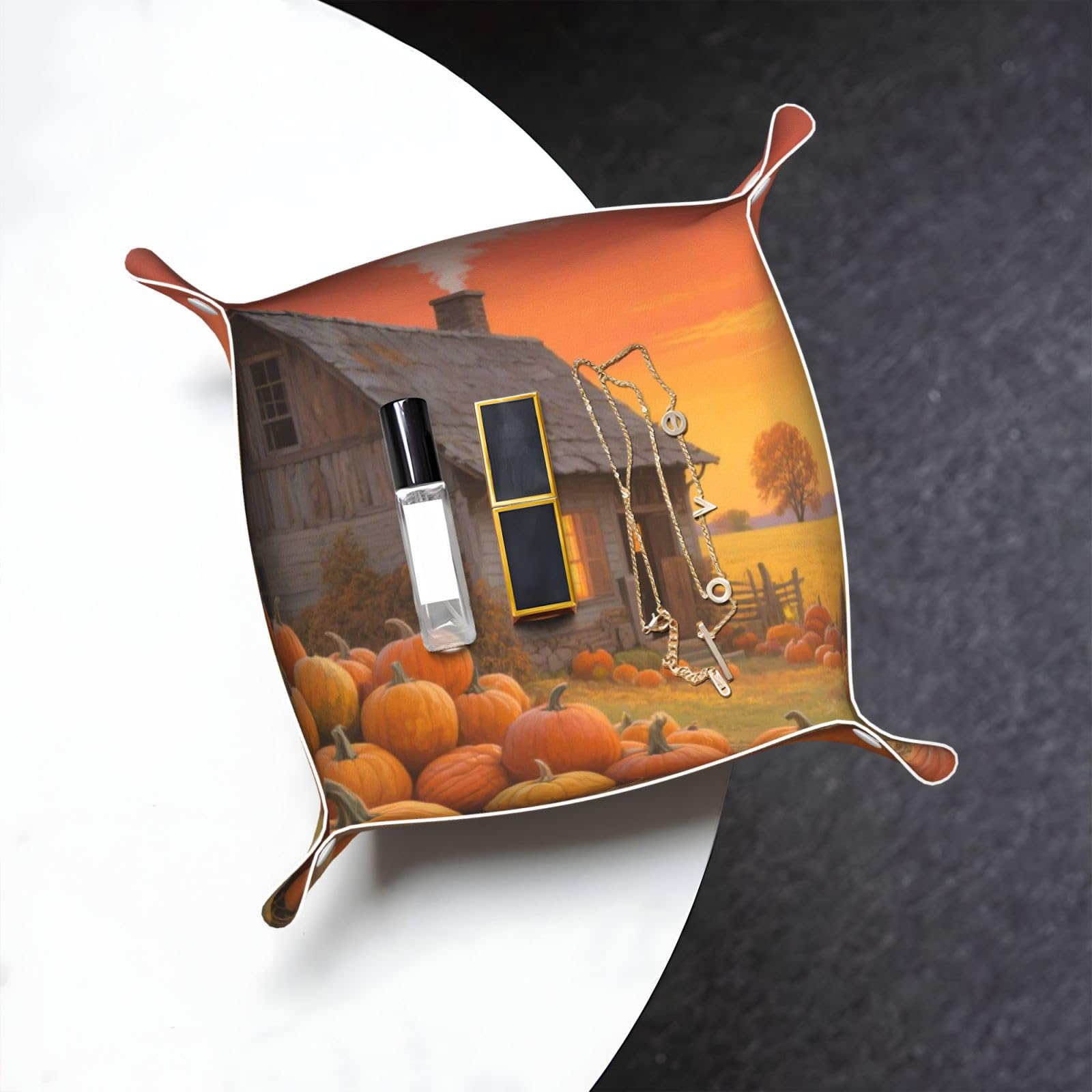 Farmhouse Pumpkin Valet Tray Organizer Pu Leather Travel Catchall Tray Organizer Portable Jewelry Tray Storage Keys Tray for Entryway Table Coins Watches Candy